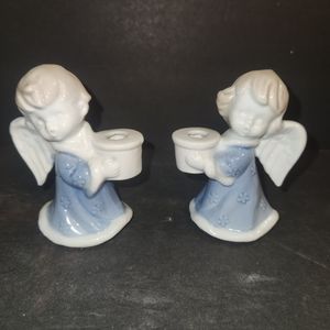 Biedermann Angel Candle Holders 4" Vintage Blue White